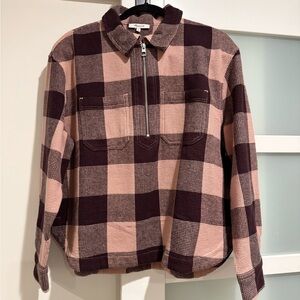 NWT!! Madewell Checkered Quarter-Zip Shirt in Pink and Brown. Waffle texture.